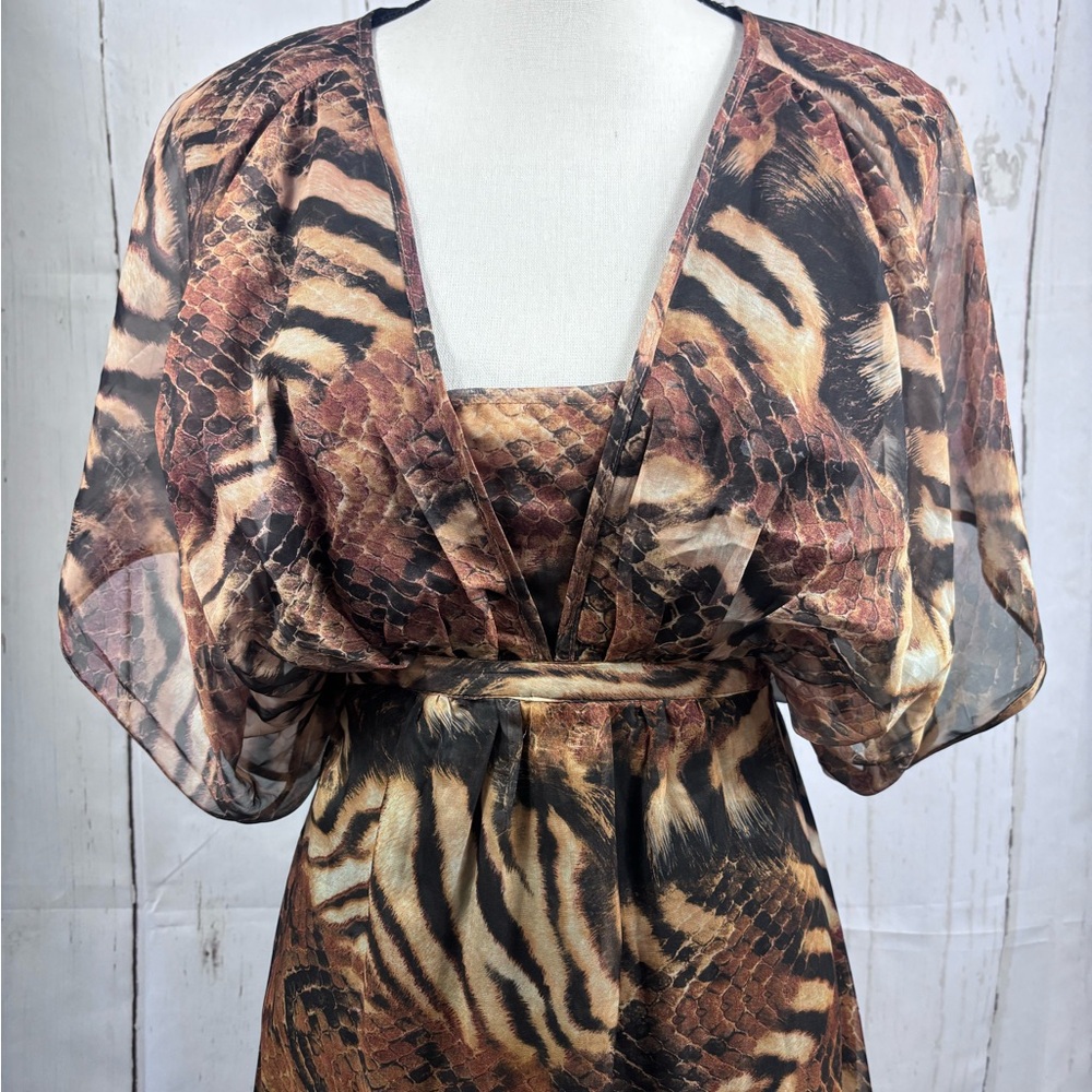 Maxi Dress Brown Animal Print Tiger Motifs V-neckline Flowing Kimono Sleeves - Picture 2 of 8
